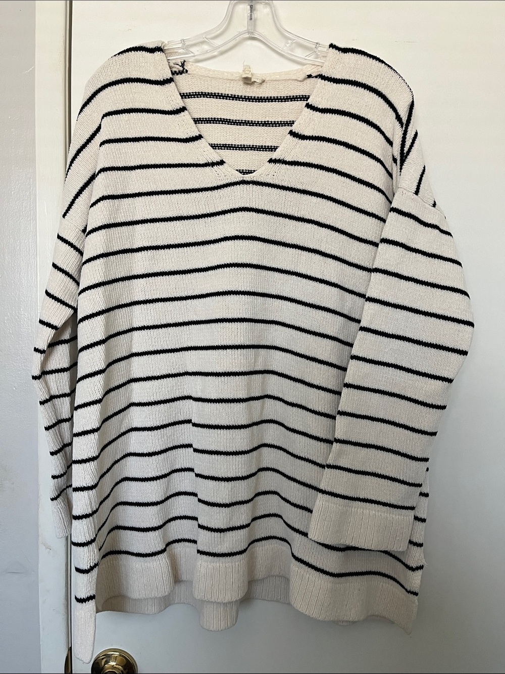 Eileen Fisher Cream and Black Striped V-Neck Sweater Merino Wool and Silk mix